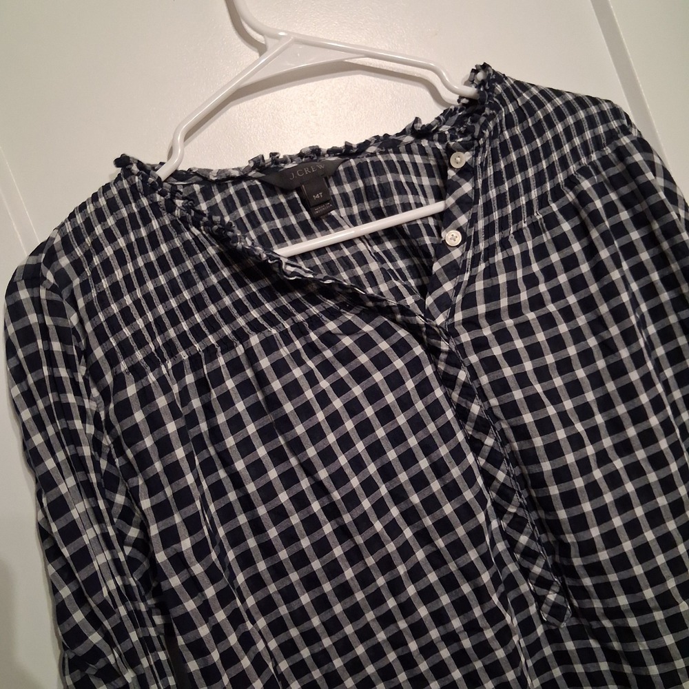 J.Crew Blouse Womens 14T Blue Gingham Ruffle Neck Popover Preppy Classic Casual